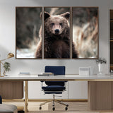 47112103-MGV-FC-48X32-3P_Walnut-Brown Bear Wall Art Canvas Print, Framed Forest Wildlife Art Picture Print, Woodland Bear Perfect Rustic Cabin Decor Artwork