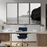 52284302-MGV-CV-36X24-Cliff Jumping Wall Art Canvas Print, Framed Ocean Adventure Art Picture Print, Black White Coast Perfect Modern Coastal Decor