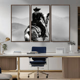 83102464-MGV-FC-48X32-3P_Walnut-Western Cowboy Wall Art Canvas Print, Framed Monochrome Horse Art Picture Print, Western Equestrian Perfect Rustic Western Decor