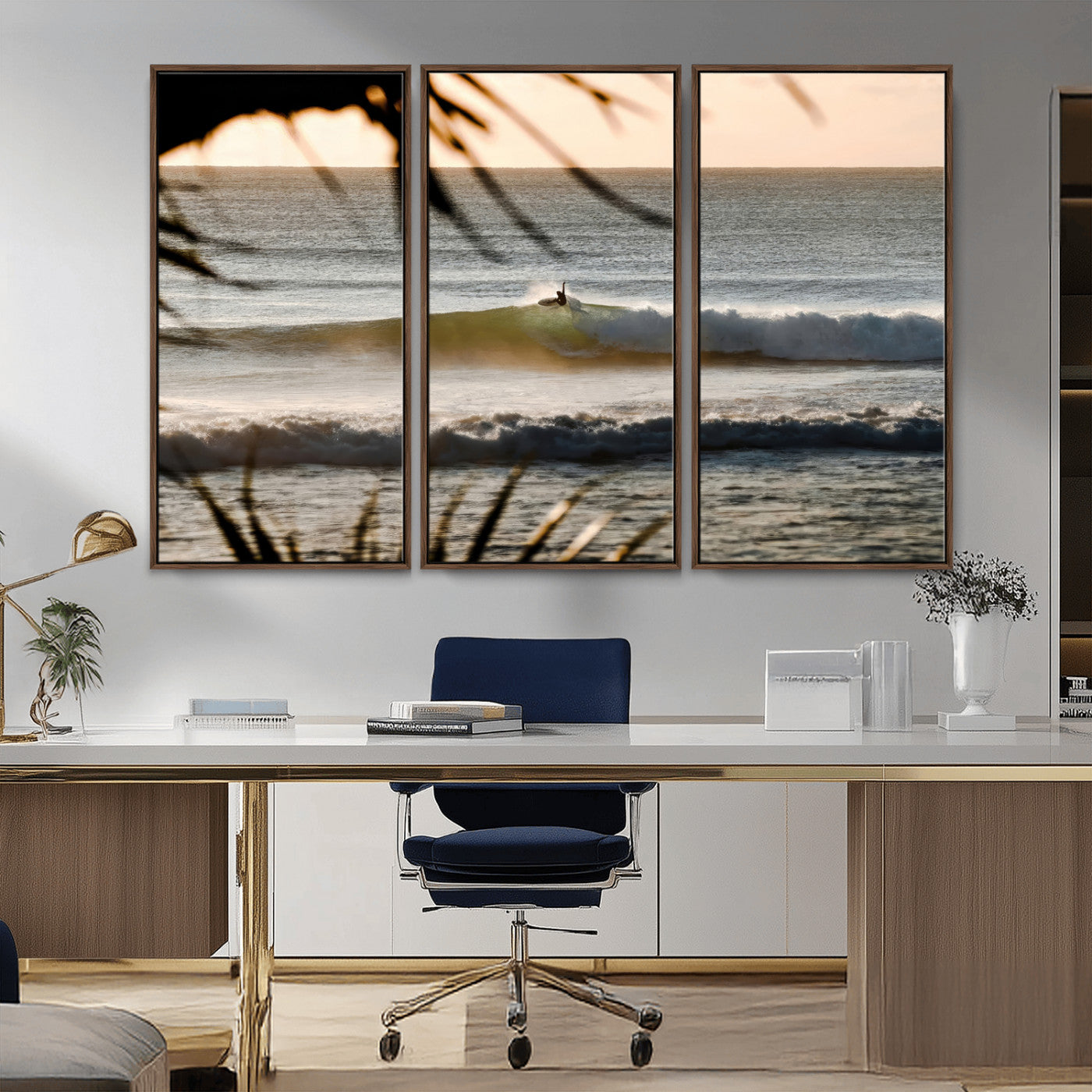 24896468-MGV-CV-36X24-Sunset Surf Wall Art Canvas Print, Framed Golden Waves Art Picture Print, Tropical Ocean Perfect Tropical Boho Decor Artwork