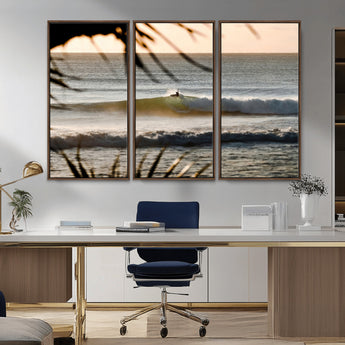 24896468-MGV-CV-36X24-Sunset Surf Wall Art Canvas Print, Framed Golden Waves Art Picture Print, Tropical Ocean Perfect Tropical Boho Decor Artwork