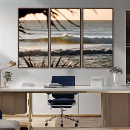 24896468-MGV-CV-36X24-Sunset Surf Wall Art Canvas Print, Framed Golden Waves Art Picture Print, Tropical Ocean Perfect Tropical Boho Decor Artwork