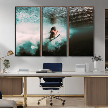 85923512-MGV-CV-36X24-Aquatic Motion Wall Art Canvas Print, Framed Underwater Swimming Art Picture Print, Female Surfer Diving Perfect Coastal Boho