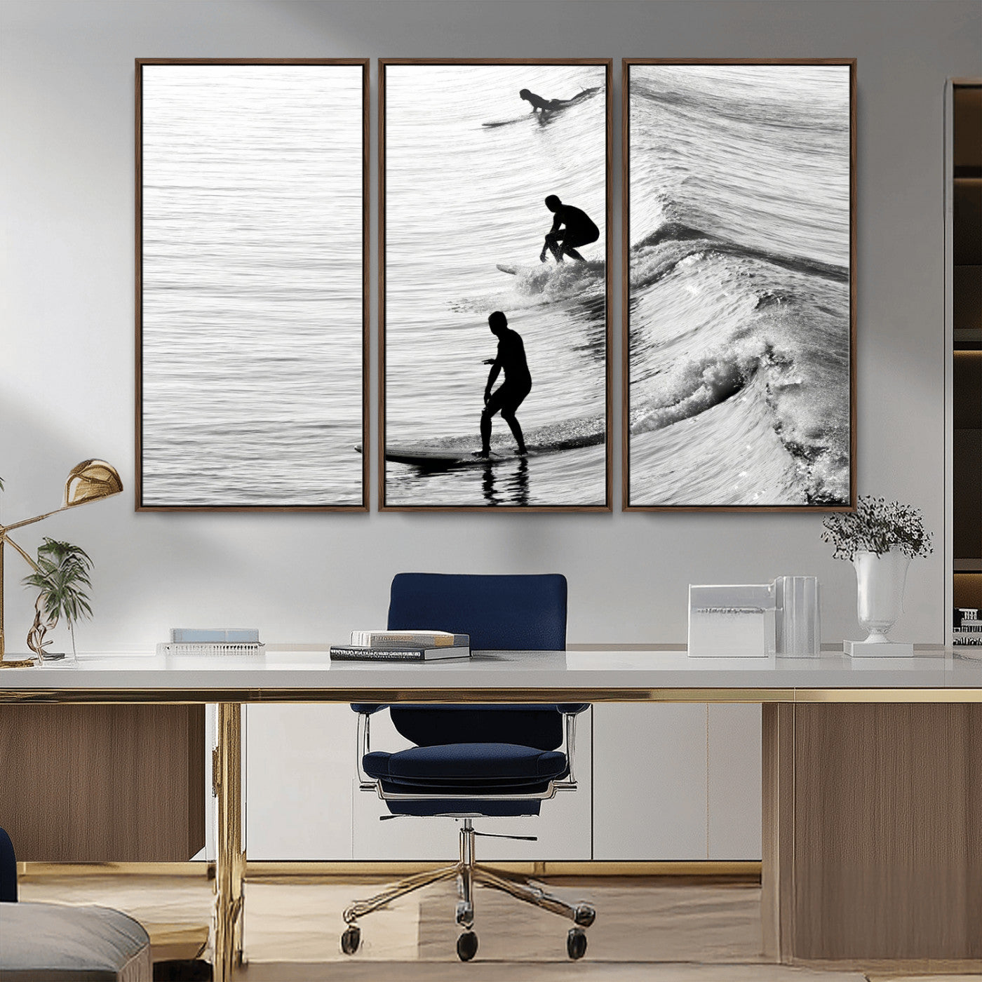 19875284-MGV-CV-36X24-Surfer Waves Wall Art Canvas Print, Framed Black White Surf Art Picture Print, Monochrome Ocean Perfect Modern Coastal Decor