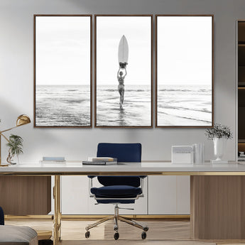 98446901-MGV-CV-36X24-Monochrome Surf Wall Art Canvas Print, Framed Minimalist Surfer Art Picture Print, Surfboard Silhouette Perfect Coastal Minimalist