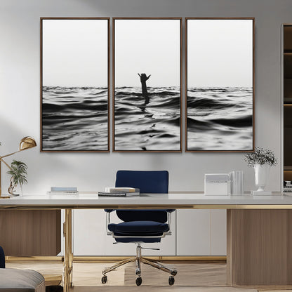 69541918-MGV-CV-36X24-Black White Ocean Wall Art Canvas Print, Framed Moody Seascape Art Picture Print, Surfer Sign Perfect Moody Minimalist Decor