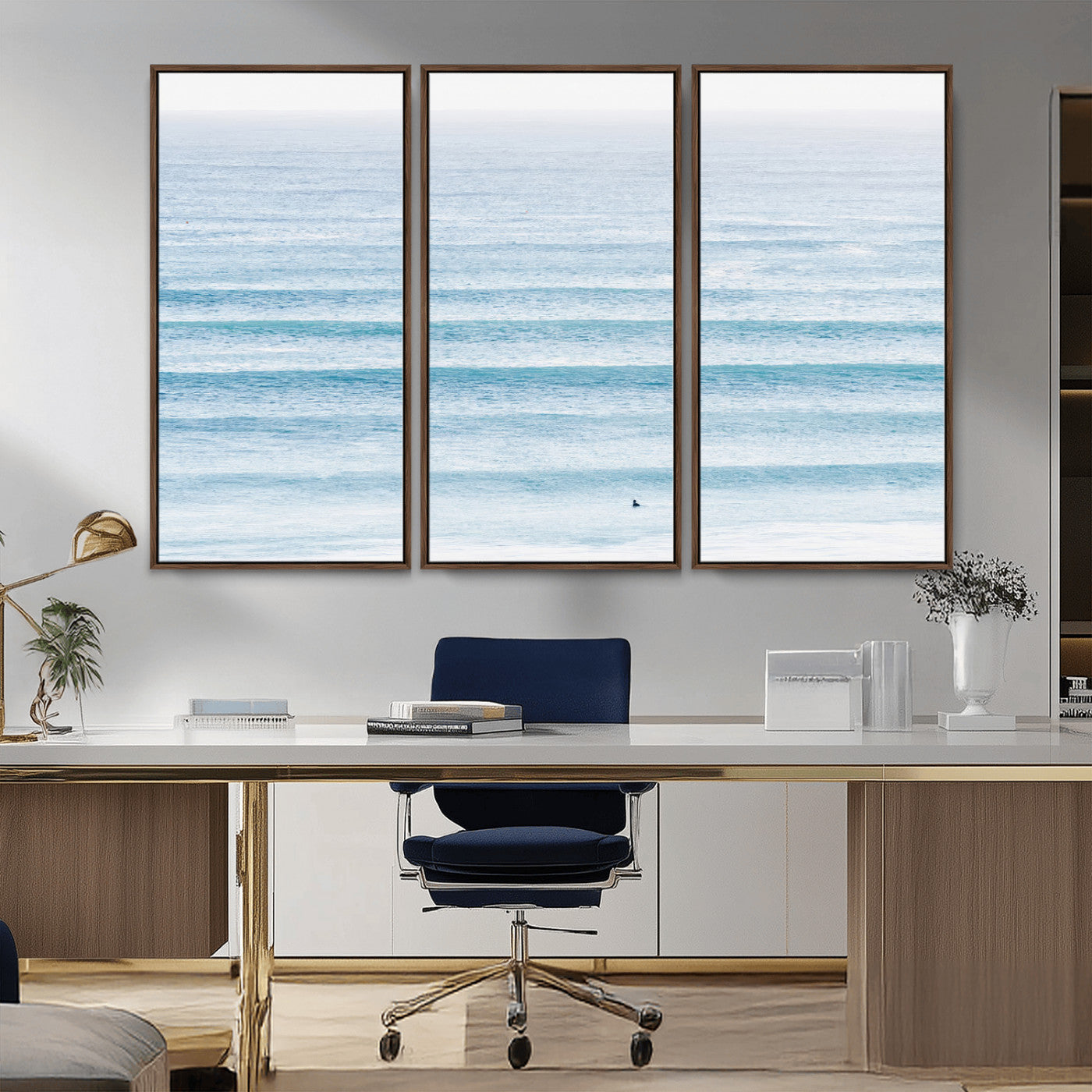 77145995-MGV-CV-36X24-Ocean Simplicity Wall Art Canvas Print, Framed Surfer on Water Art Picture Print, Light Blue Perfect Coastal Minimalist Decor