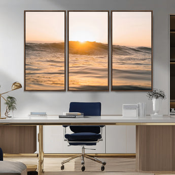 16973771-MGV-CV-36X24-Calm Water Wall Art Canvas Print, Framed Sunset Waves Art Picture Print, Coastal Warmth Perfect Warm Minimalist Decor Artwork