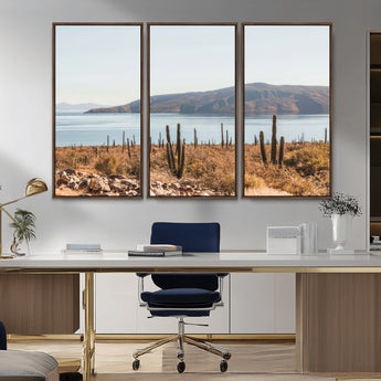45193515-MGV-CV-36X24-Desert Cactus Wall Art Canvas Print, Framed Baja Coastline Art Picture Print, Coastal Desert Perfect Southwestern Minimalist Decor