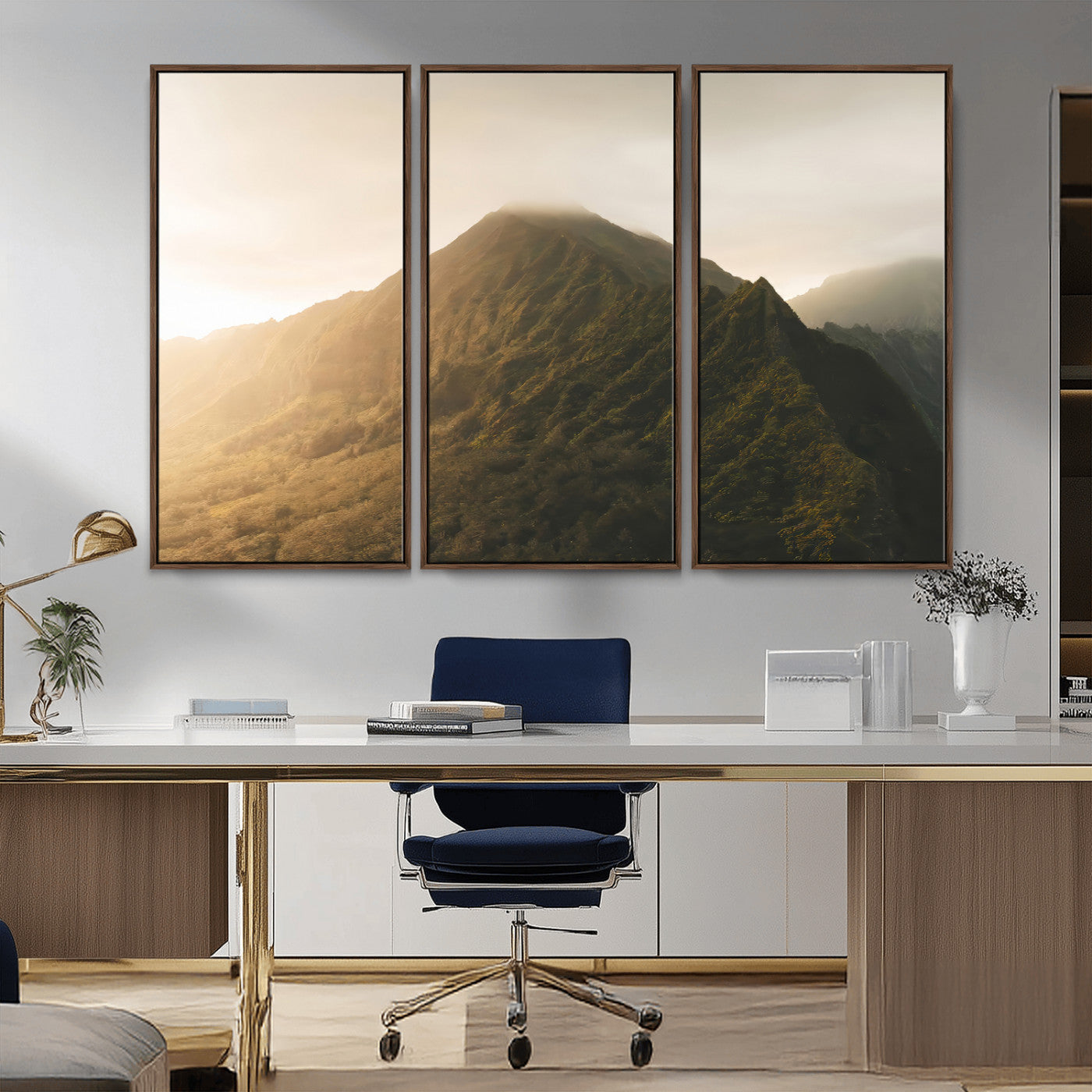 42338636-MGV-CV-36X24-Golden Mountain Wall Art Canvas Print, Framed Misty Summit Art Picture Print, Rugged Landscape Perfect Moody Wilderness Decor