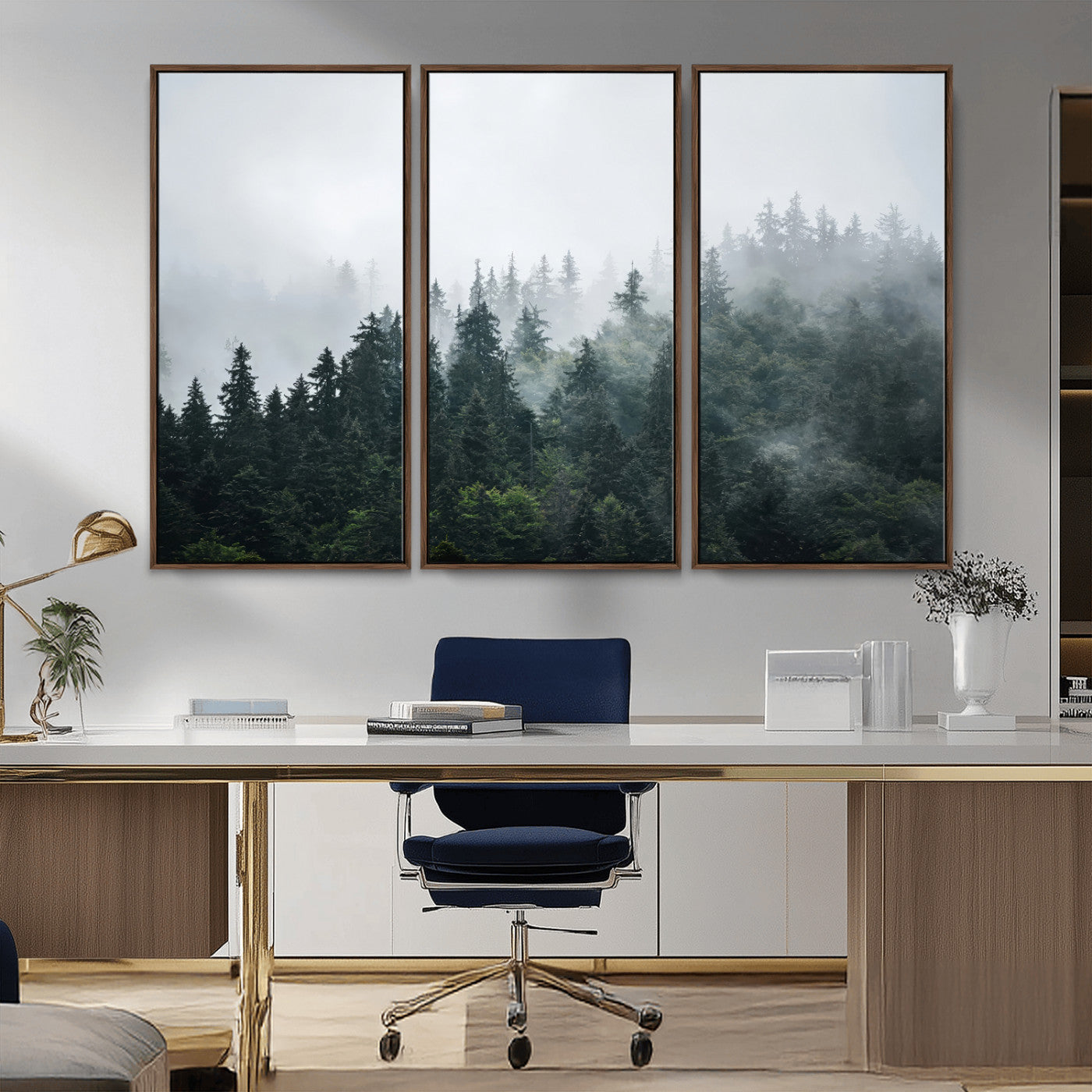 84146572-MGV-CV-36X24-Foggy Pine Trees Wall Art Canvas Print, Framed Forest Nature Art Picture Print, Evergreen Forest Perfect Scandinavian Minimalist