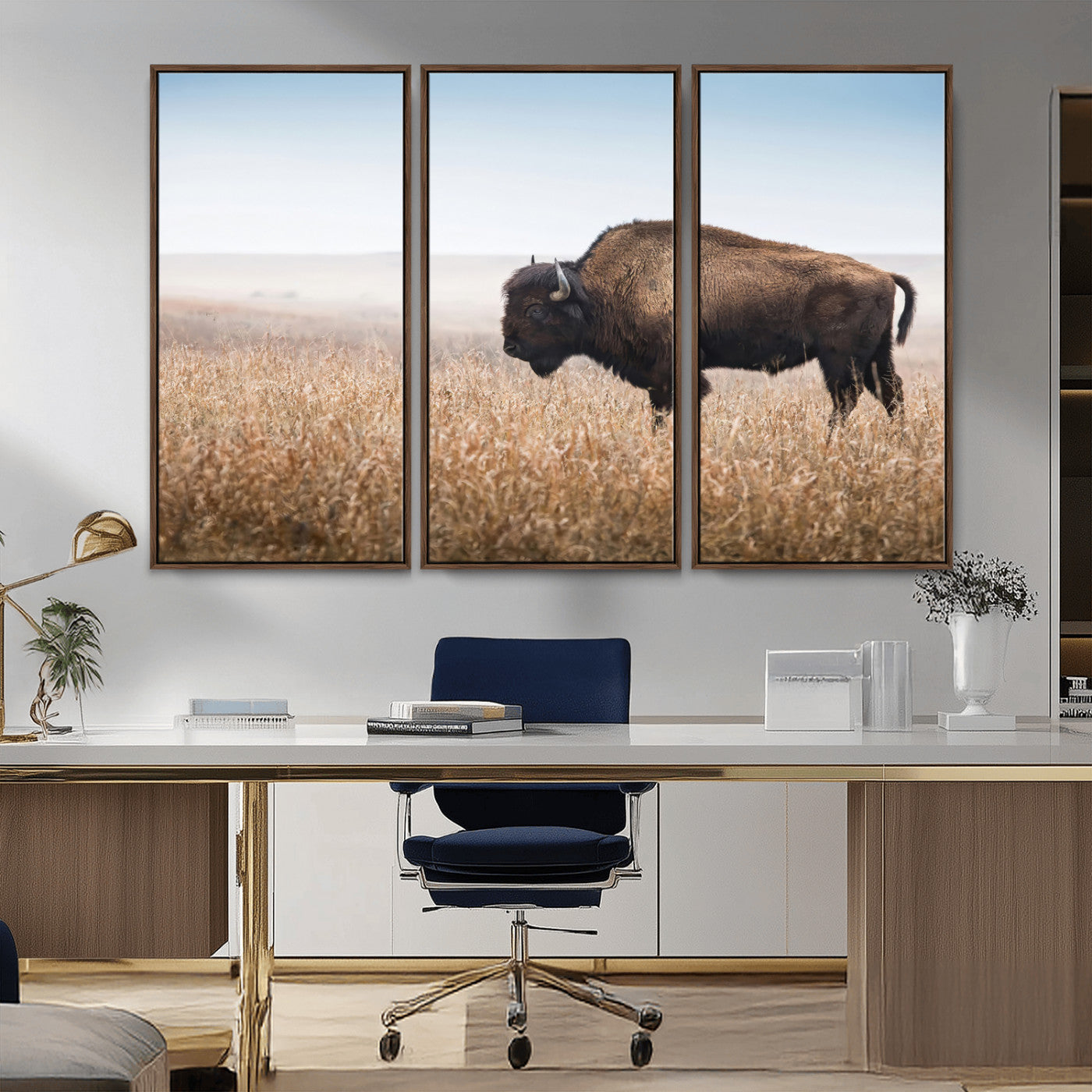 99620201-MGV-CV-36X24-Wild Bison Wall Art Canvas Print, Framed Bison in Prairie Art Picture Print, Rustic Western Perfect Rustic Western Decor Artwork