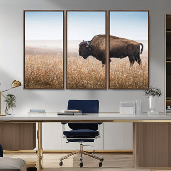 99620201-MGV-CV-36X24-Wild Bison Wall Art Canvas Print, Framed Bison in Prairie Art Picture Print, Rustic Western Perfect Rustic Western Decor Artwork