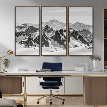 32399691-MGV-FC-48X32-3P_Walnut-Snowy Mountain Wall Art Canvas Print, Framed Mountain Peaks Art Picture Print, Alpine Mountains Perfect Minimalist Alpine Decor