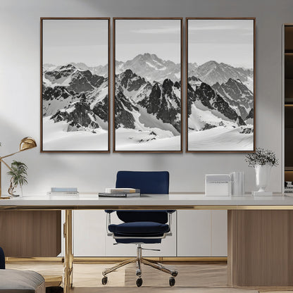 32399691-MGV-FC-48X32-3P_Walnut-Snowy Mountain Wall Art Canvas Print, Framed Mountain Peaks Art Picture Print, Alpine Mountains Perfect Minimalist Alpine Decor