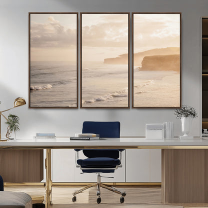 57669769-MGV-CV-36X24-Misty Coastal Wall Art Canvas Print, Framed Golden Sunset Art Picture Print, Serene Shoreline Perfect Tranquil Coastal Decor