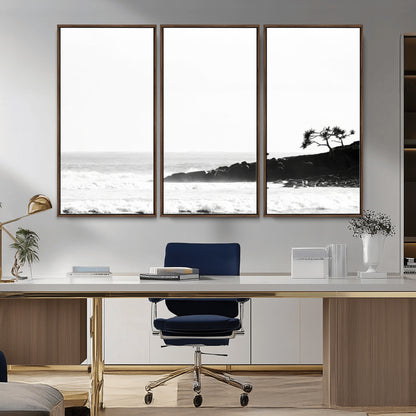 40875891-MGV-FC-48X32-3P_Walnut-SurferCliffs Wall Art Canvas Print, Framed Black White Beach Art Picture Print, Ocean Waves Perfect Minimalist Coastal Decor