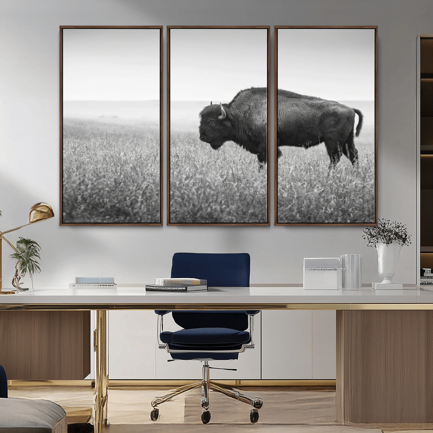 28435251-MGV-CV-36X24-Bison In Prairie Wall Art Canvas Print, Framed Rustic Wildlife Art Picture Print, Wild Buffalo Perfect Rustic Western Decor
