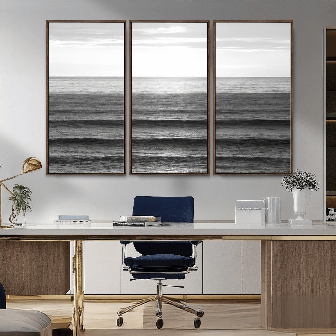 47305203-MGV-CV-36X24-Monochrome Ocean Wall Art Canvas Print, Framed Moody Ocean Art Picture Print, Calm Ocean Perfect Minimalist Coastal Decor Artwork