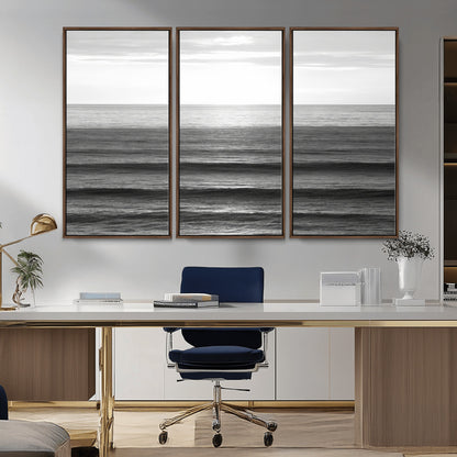 47305203-MGV-FC-48X32-3P_Walnut-Monochrome Ocean Wall Art Canvas Print, Framed Moody Ocean Art Picture Print, Calm Ocean Perfect Minimalist Coastal Decor Artwork