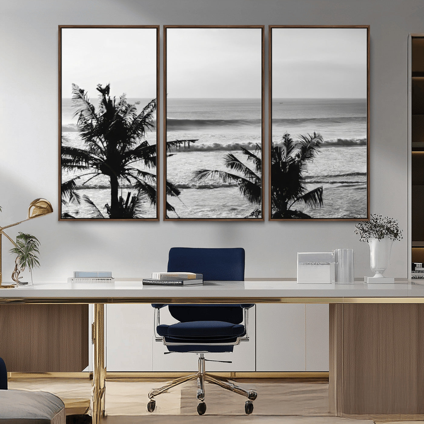 17508038-MGV-CV-36X24-Tropical Coastline Wall Art Canvas Print, Framed Palm Trees Art Picture Print, Ocean Waves Perfect Minimalist Coastal Decor