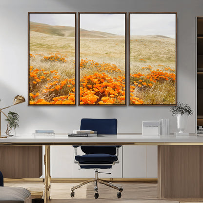 28972262-MGV-CV-36X24-Golden Wildflowers Wall Art Canvas Print, Framed Hills Bloom Art Picture Print, Poppy Meadow Perfect Rustic Nature Decor Artwork