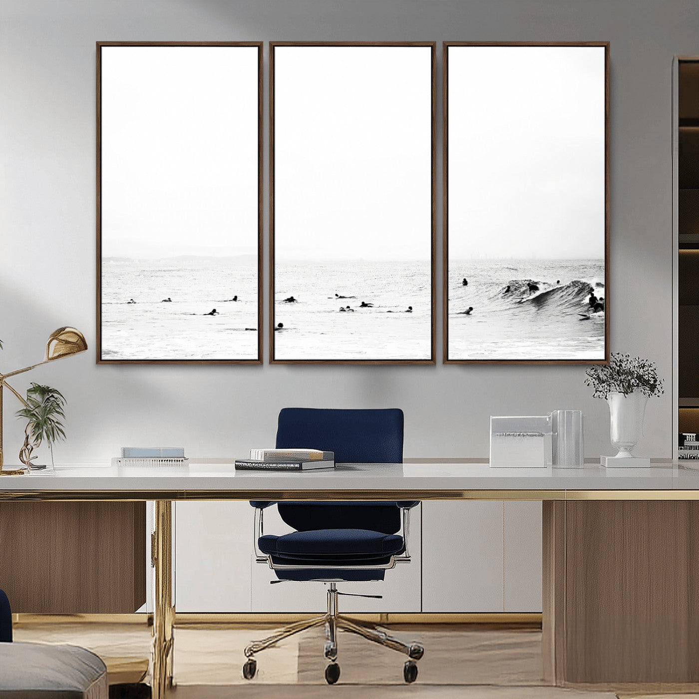 38441169-MGV-CV-36X24-Monochrome Swimming Wall Art Canvas Print, Framed Ocean Horizon Art Picture Print, Moody Coastal Perfect Minimalist Coastal Decor