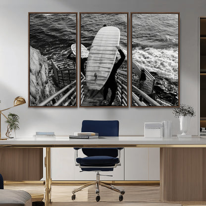 32353707-MGV-CV-36X24-Black White Surfing Wall Art Canvas Print, Framed Coastal Surfing Art Picture Print, Wave Riders Perfect Coastal Adventure Decor