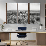 24051061-MGV-CV-36X24-Monochrome Highland Cow Wall Art Canvas Print, Framed Scottish Bull Art Picture Print, Lone Cattle Perfect Rustic Farmhouse Decor