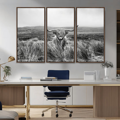 24051061-MGV-CV-36X24-Monochrome Highland Cow Wall Art Canvas Print, Framed Scottish Bull Art Picture Print, Lone Cattle Perfect Rustic Farmhouse Decor