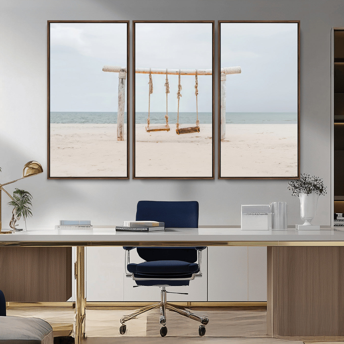 68327283-MGV-FC-48X32-3P_Walnut-Beach Swing Wall Art Canvas Print, Framed Quiet Beach Art Picture Print, Calm Shoreline Perfect Bohemian Coastal Decor Artwork