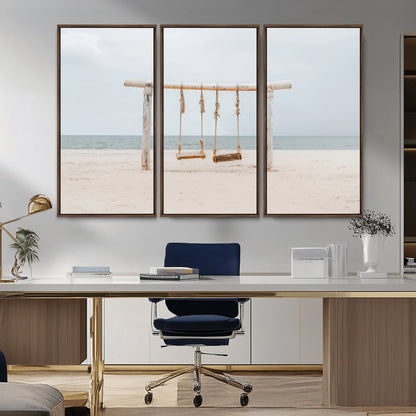 68327283-MGV-FC-48X32-3P_Walnut-Beach Swing Wall Art Canvas Print, Framed Quiet Beach Art Picture Print, Calm Shoreline Perfect Bohemian Coastal Decor Artwork