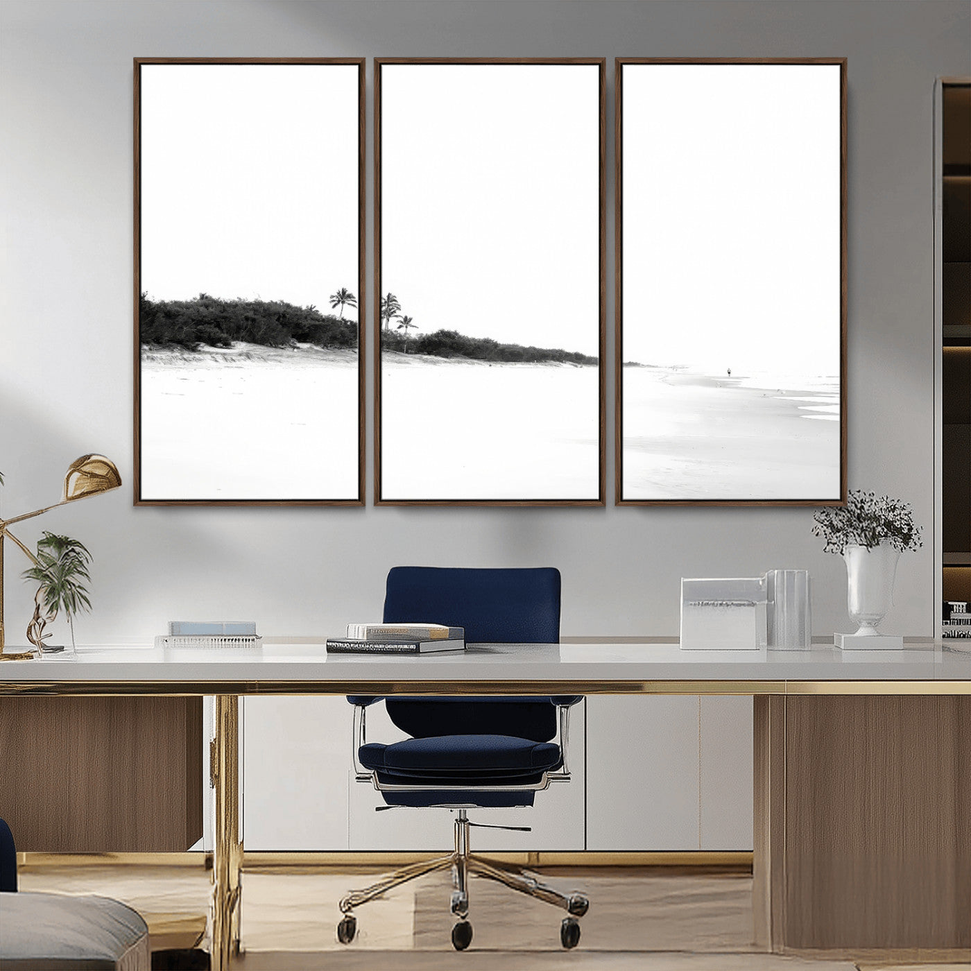 29611516-MGV-CV-36X24-Black White Beach Wall Art Canvas Print, Framed Palm Trees Art Picture Print, Monochrome Tropical Perfect Minimalist Coastal Decor