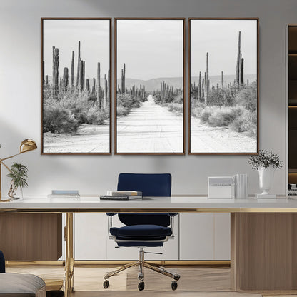 35537313-MGV-CV-36X24-Monochrome Desert Wall Art Canvas Print, Framed Cactus Path Art Picture Print, Southwestern Landscape Perfect Southwestern