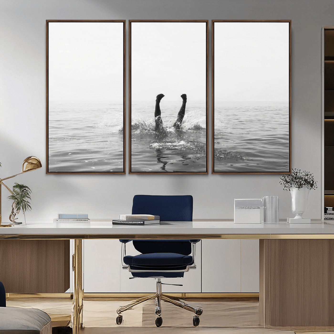 26667396-MGV-FC-48X32-3P_Walnut-Black White Ocean Wall Art Canvas Print, Framed Monochrome Water Art Picture Print, Diving into Water Perfect Minimalist Aquatic