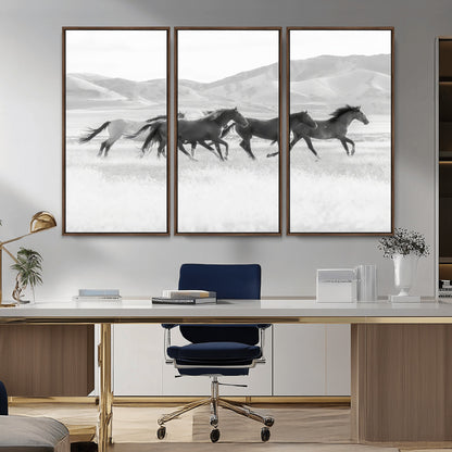 69934913-MGV-CV-36X24-Wild Horses Running Wall Art Canvas Print, Framed Black White Mustangs Art Picture Print, Rustic Western Perfect Rustic Western