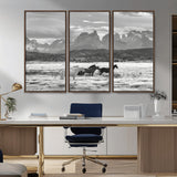 21655040-MGV-CV-36X24-Wild Horses Wall Art Canvas Print, Framed Black White Mountains Art Picture Print, Rustic Countryside Perfect Rustic Western Decor