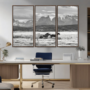 21655040-MGV-CV-36X24-Wild Horses Wall Art Canvas Print, Framed Black White Mountains Art Picture Print, Rustic Countryside Perfect Rustic Western Decor