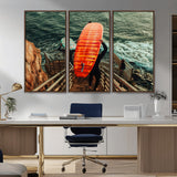84555848-MGV-CV-36X24-Surfer Stairway Wall Art Canvas Print, Framed Ocean Surf Art Picture Print, Sunset Coastal Perfect Coastal Adventure Decor Artwork
