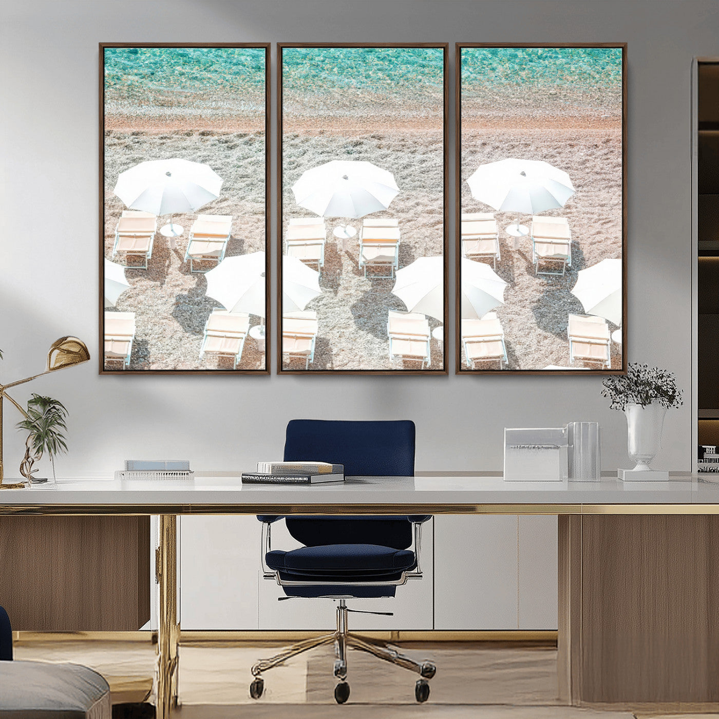 83736167-MGV-CV-36X24-Calm Beach Wall Art Canvas Print, Framed Turquoise Water Art Picture Print, Umbrella Shoreline Perfect Coastal Minimalist Decor