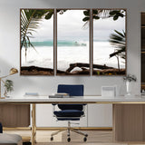 50382104-MGV-FC-48X32-3P_Walnut-Tropical Surf Wall Art Canvas Print, Framed Palm Tree View Art Picture Print, Beach House Art Perfect Boho Coastal Decor Artwork