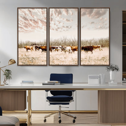 64892775-MGV-CV-36X24-Longhorn Cattle Wall Art Canvas Print, Framed Texas Ranch Art Picture Print, Western Cow Perfect Western Decor Artwork