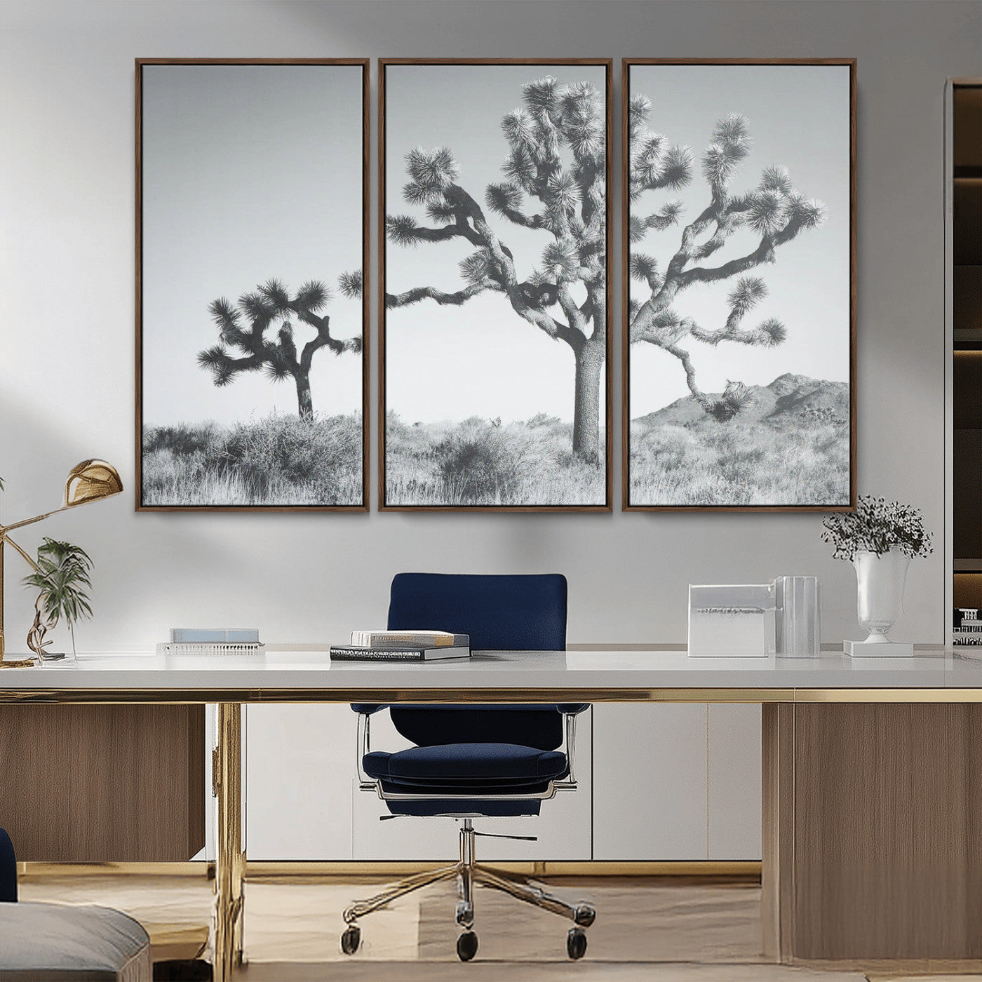 29996209-MGV-FC-48X32-3P_Walnut-Joshua Tree Art Wall Art Canvas Print, Framed Black White Landscape Art Picture Print, Desert Tree Decor Perfect Southwestern Boho
