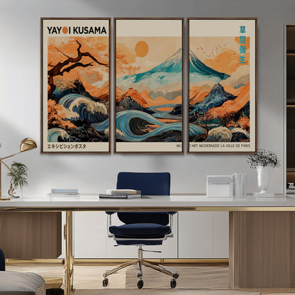 22373530-MGV-FC-48X32-3P_Walnut-Japanese Mt Fuji Wave Art Print – Ukiyo e Inspired Sun & Cherry Blossom Poster, Traditional Asian Landscape Painting, Modern