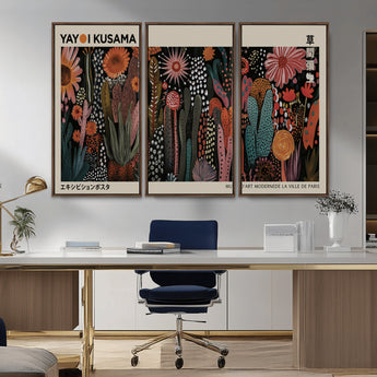 28344895-MGV-CV-36X24-Dark Floral Abstract Wall Art Poster – Modern Botanical Canvas Print with Beige Border, Kusama Inspired Boho Flower Painting,