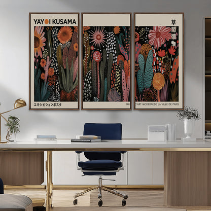 28344895-MGV-CV-36X24-Dark Floral Abstract Wall Art Poster – Modern Botanical Canvas Print with Beige Border, Kusama Inspired Boho Flower Painting,