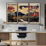 54967195-MGV-FC-48X32-3P_Walnut-Mount Fuji Wall Art – Japanese Cherry Blossom Abstract Canvas Print, Navy Gold Landscape Painting, Oriental Luxury Home Decor