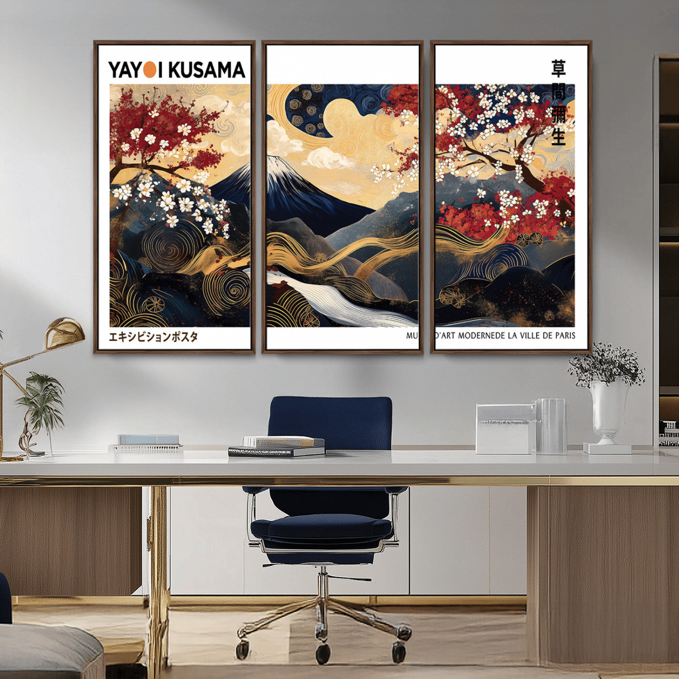 66243961-MGV-CV-36X24-Mount Fuji Japanese Wall Art – Golden Abstract Landscape Canvas Print, Cherry Blossom Painting, Modern Oriental Zen Home Decor
