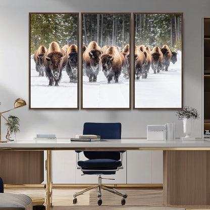 22695857-MGV-FC-48X32-3P_Walnut-Bison Herd Scene Wall Art Canvas Print, Framed Western Wildlife Art Picture Print, Rustic Animal Art Perfect Rustic Lodge Decor