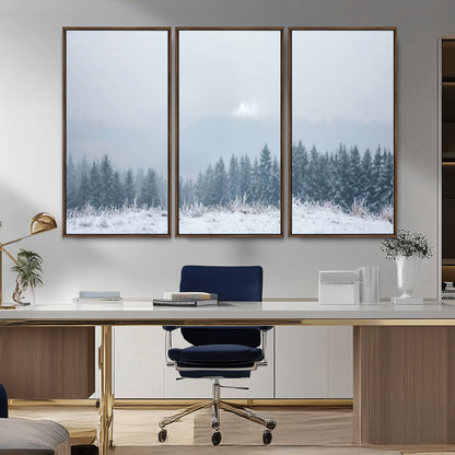 33033082-MGV-FC-48X32-3P_Walnut-Winter Forest Art Wall Art Canvas Print, Framed Snowy Landscape Art Picture Print, Misty Tree Scene Perfect Nordic Minimalist
